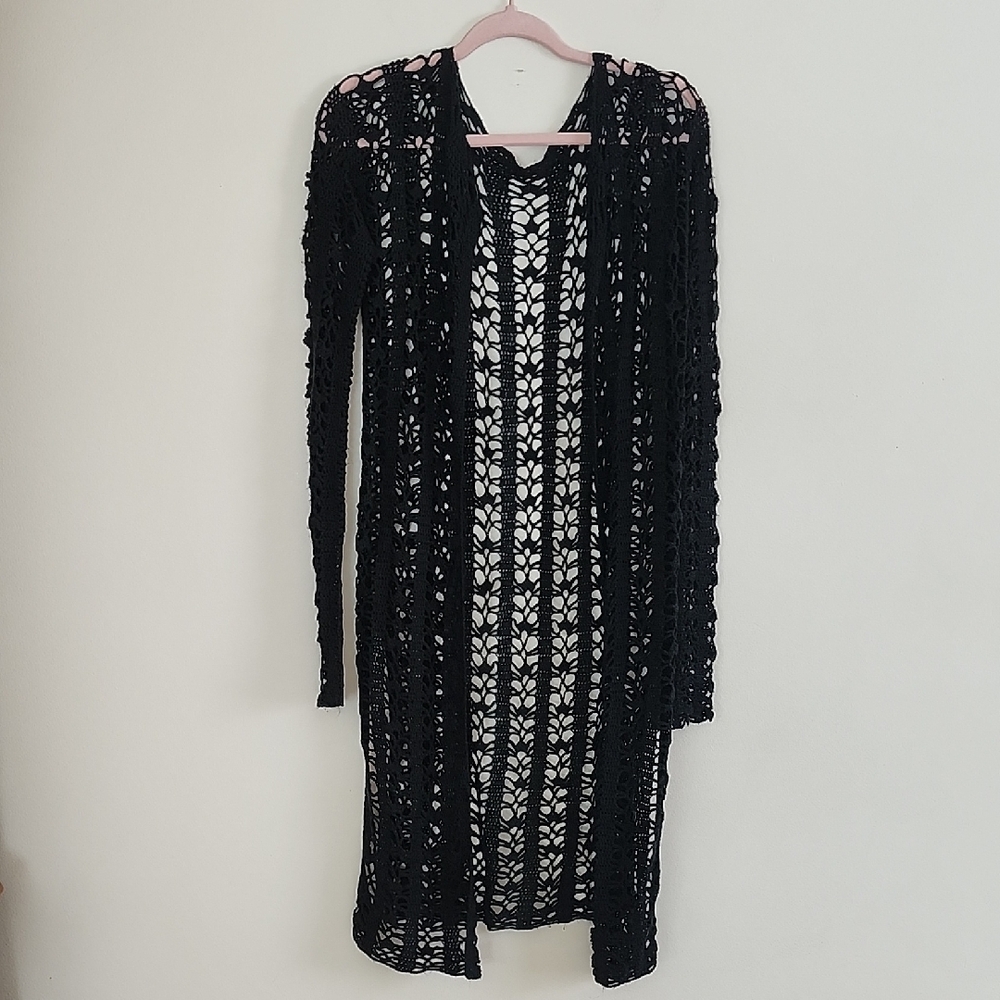 Crochet Side Slit Long Sleeve Cardigan Swim Cover Up